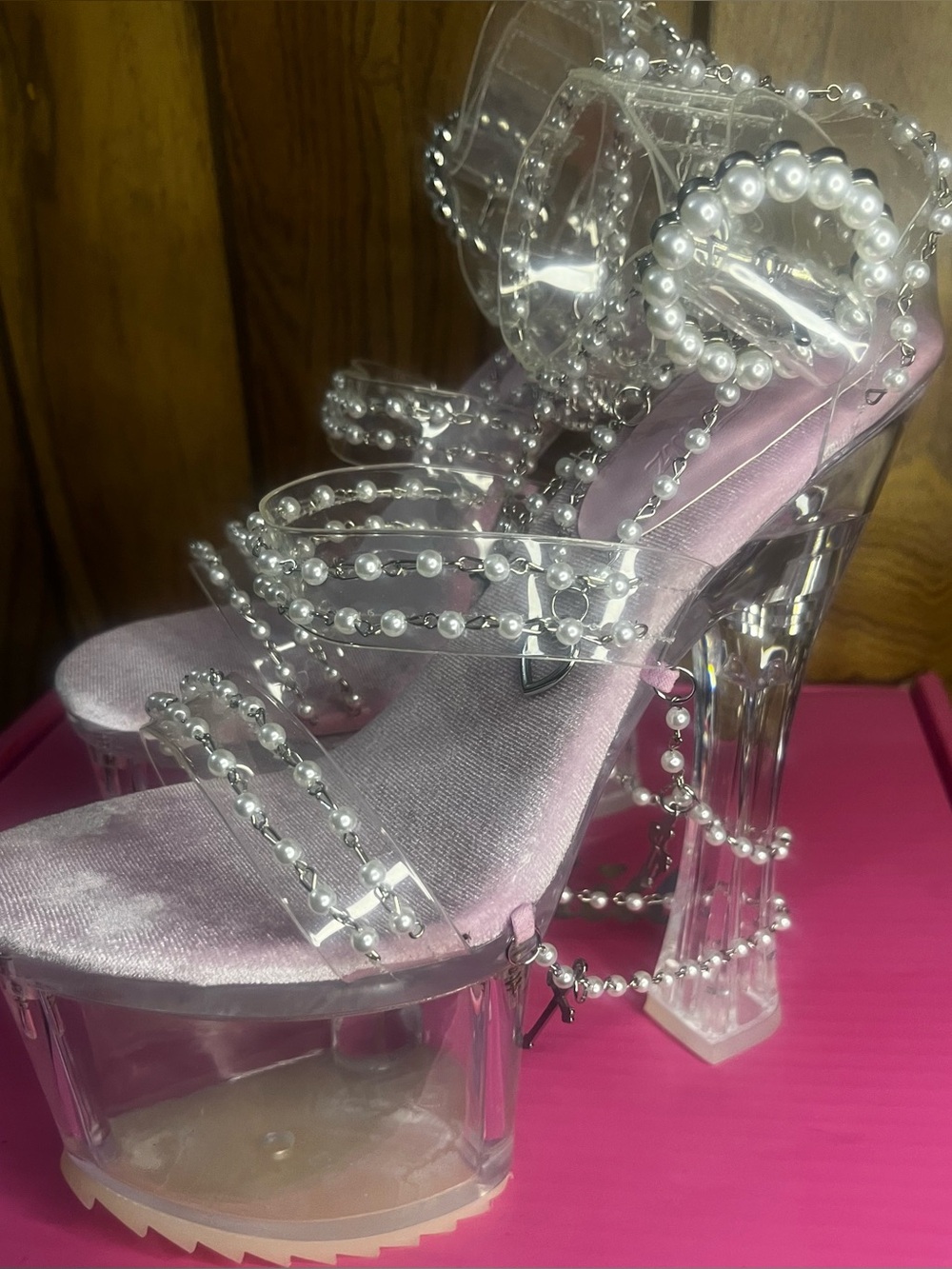 Clear Pearl-Embellished Platform Heels in Light Pink